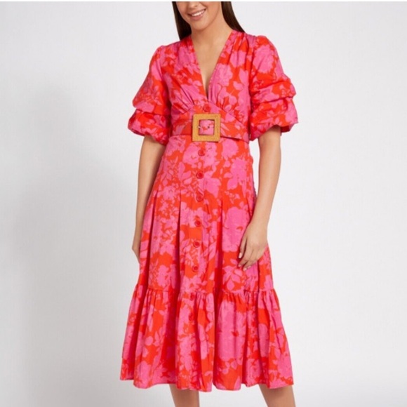 Savida Midi Dress NWT Red Pink Floral Puff Sleeve Belted Midi Tiered Ruffle - Picture 12 of 13
